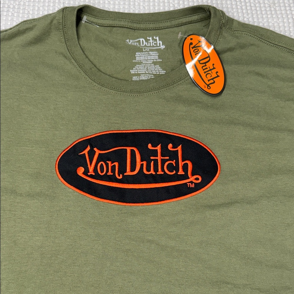 Von Dutch Olive Green Tee with Black and Orange Logo - NWT